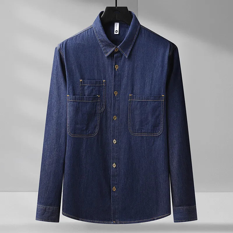 Men's Cotton Long Sleeve Loose Turn Down Collar Denim Shirt