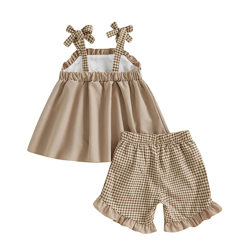 3-7Y Toddler Kids Girls  Clothes Set 2pcs Sleeveless Tie-up Duck Embroidery Camisole with Ruffled Plaid Shorts
