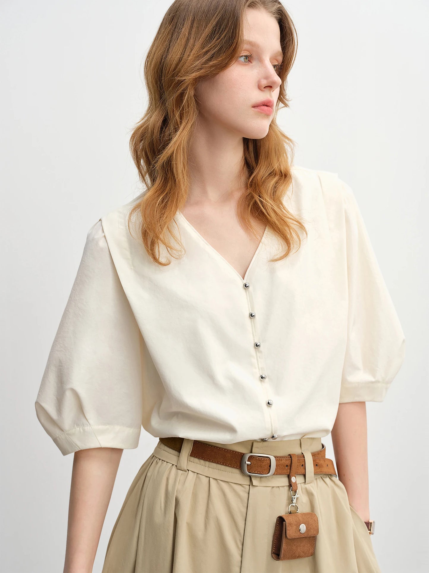 Women's Autumn Clothing Set - Long Sleeve Shirt & A-Line Skirt with V-Neck Top