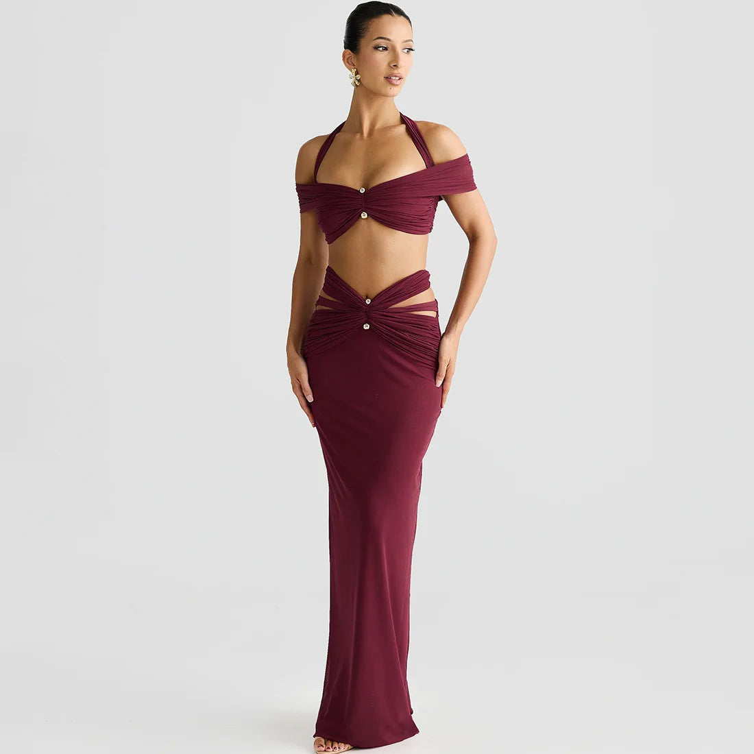 Women's Elegant Ruched Cut Out 2 Piece Dress Set - Halter Top & Maxi Skirt