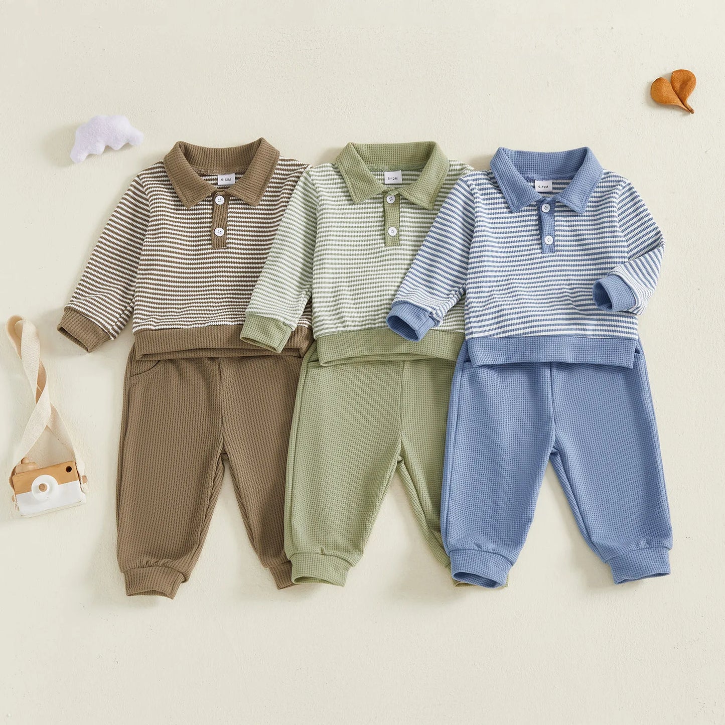 Baby Boys Striped Outfit Set - Long Sleeve Lapel Top with Pants (0-4Y)