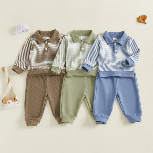 Baby Boys Striped Outfit Set - Long Sleeve Lapel Top with Pants (0-4Y)