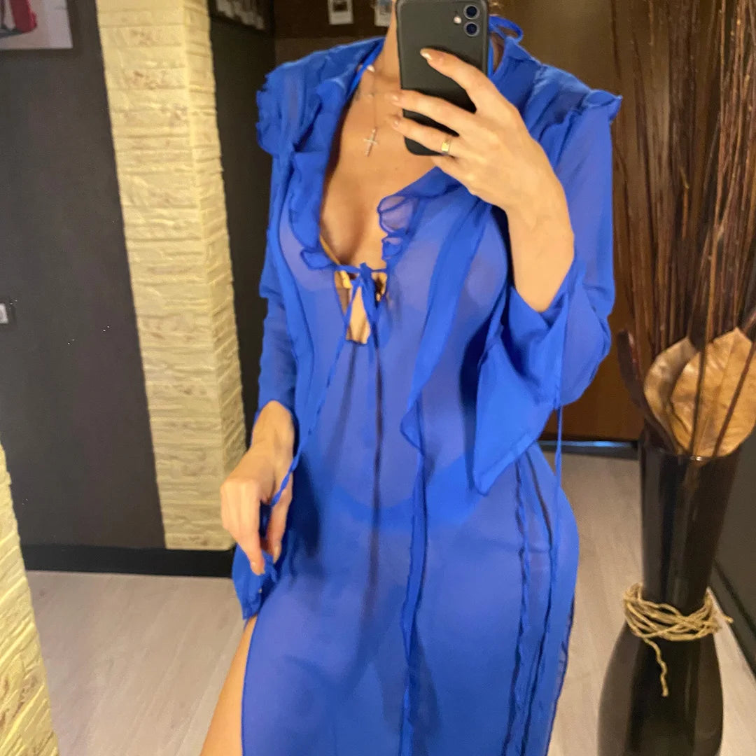 Women's Deep V-Neck High Split Ruffle Beach Cover-Up Maxi Dress
