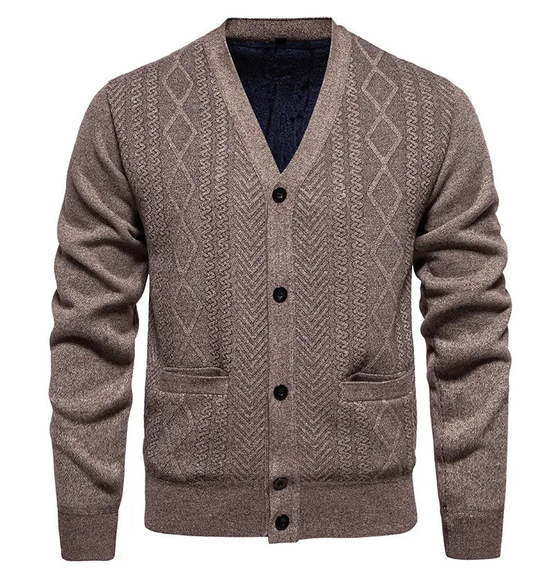 V-Neck Knit Cardigan - Casual Solid Colour Sweater Coat