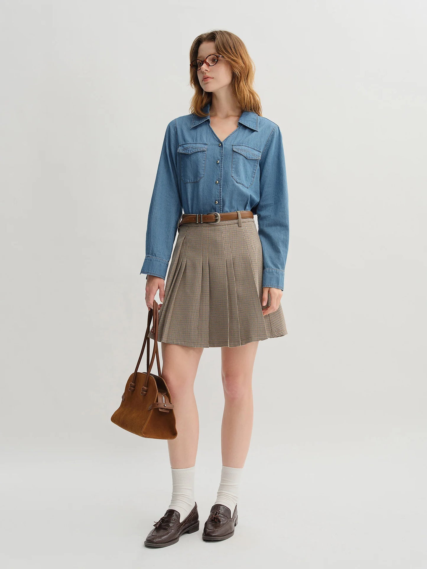 Women's Plus Size Double Collar Denim Shirt - French Style Autumn Top