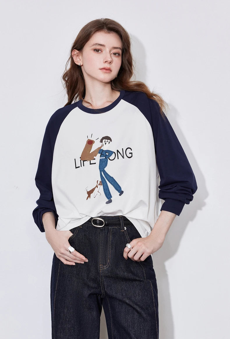 Women's Long Sleeve  Lyocell Denim Patchwork Embroidery Cotton Pullover T-Shirt