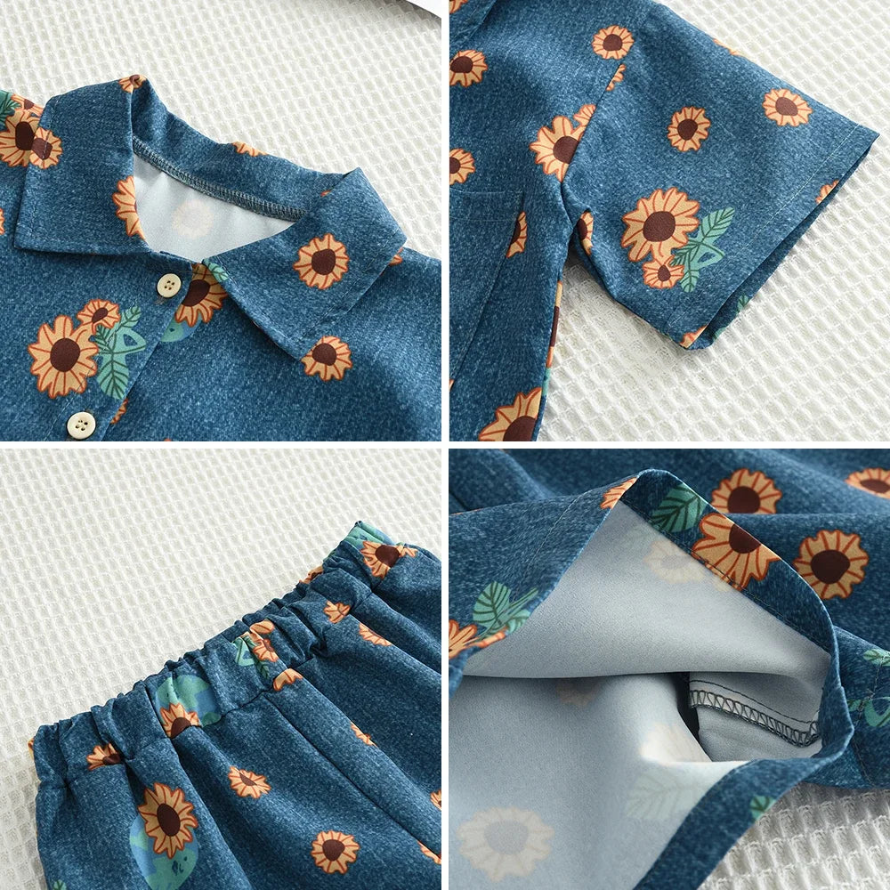 Children's Blue Denim Set with Sunflower Printed Collar Shirt and Shorts 2-piece Set