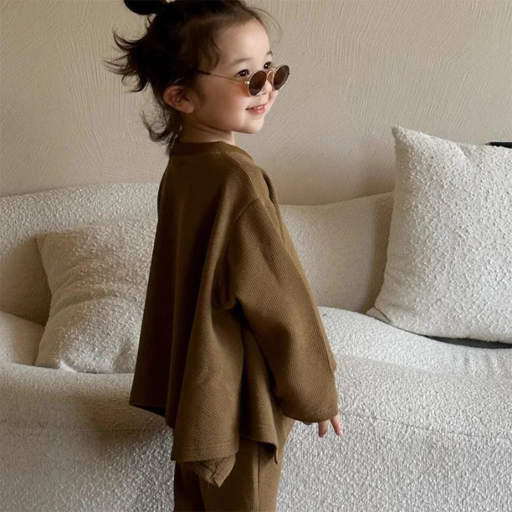 Children's Set Girls' Solid Loose Round Neck Cape Top Flare Pants 2 Piece Set