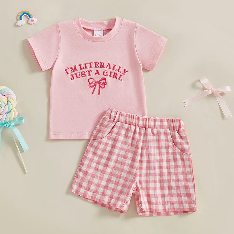 0-4Y Kids Girls Summer Clothes Sets 2pcs Outfits Short Sleeve Letter Bow Embroidery T Shirts Plaid Shorts Sets