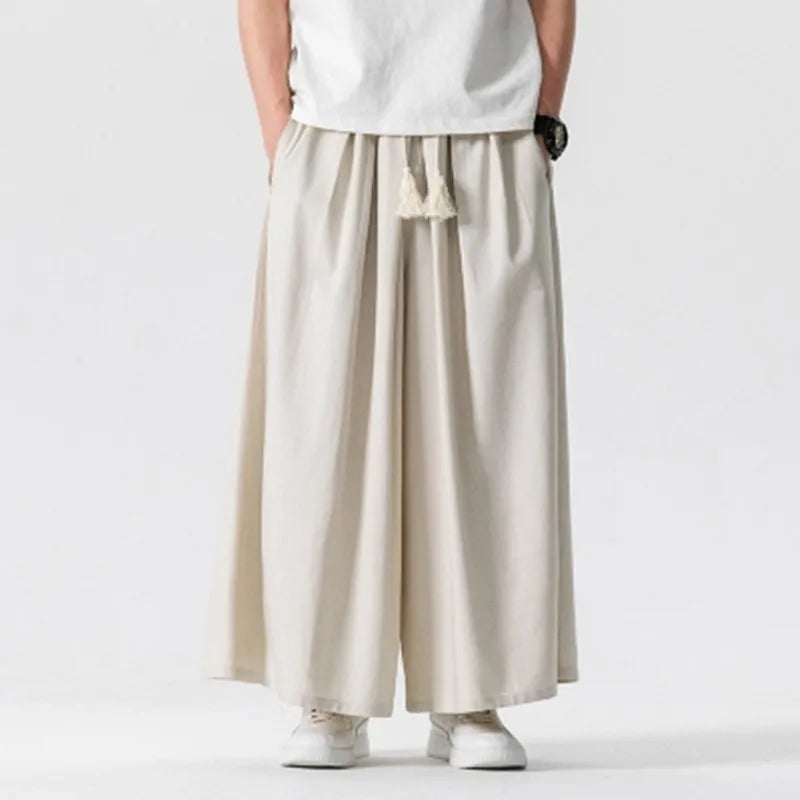 Men's Chinese Style Loose Wide Leg Summer Cotton Linen Casual Trousers