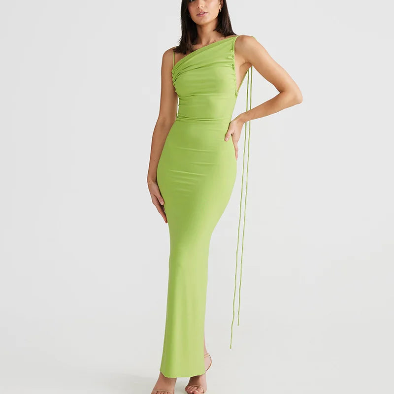 Women's Halter Backless Ruched Maxi Dress - Women Tie Detail Sleeveless Split Bodycon Dress