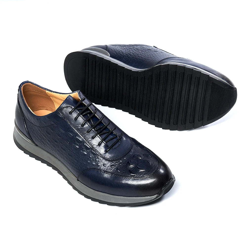 Men's Genuine Leather Crocodile Pattern Oxford Sneakers – Lace-Up Casual Flat Shoes