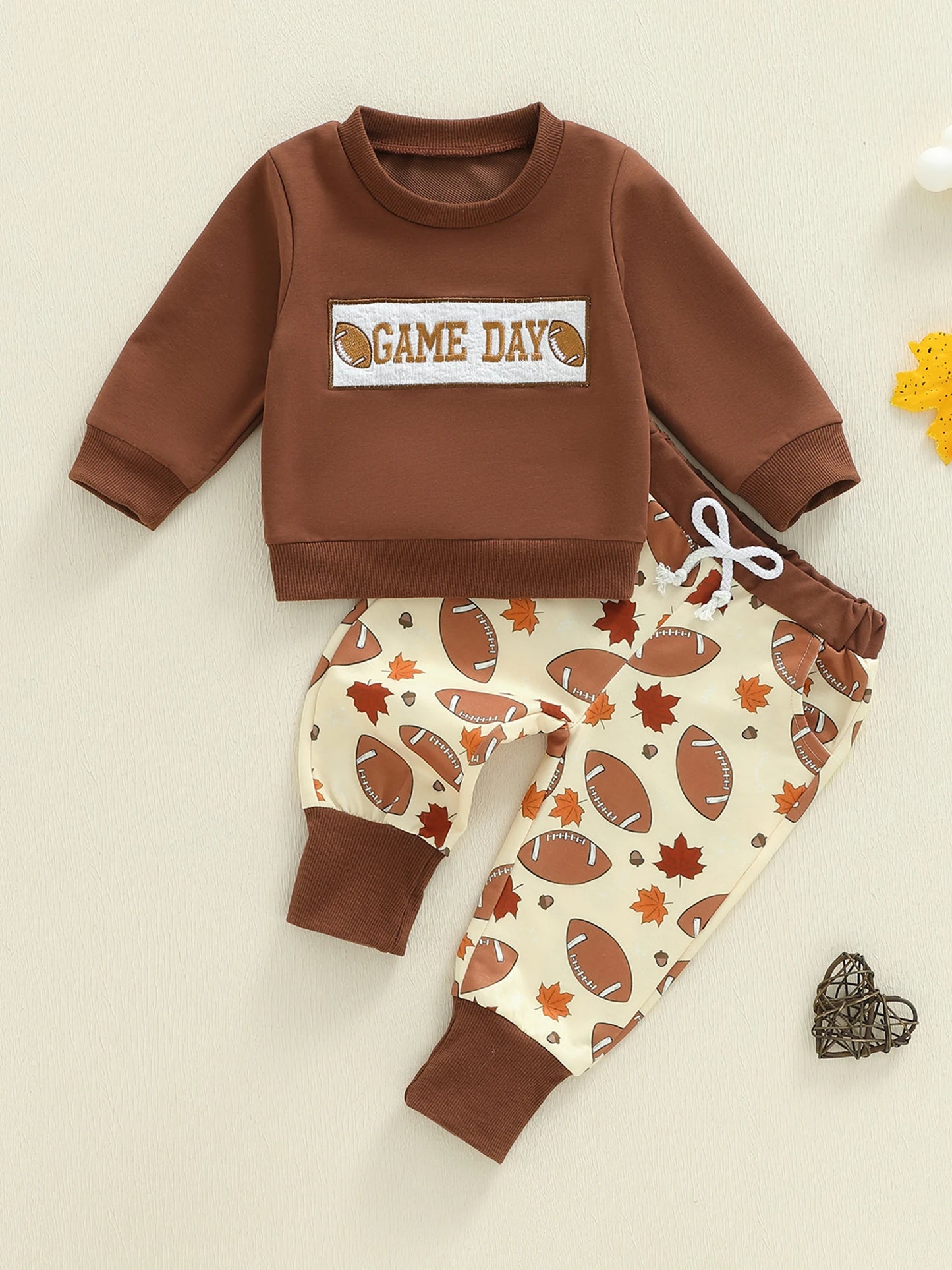 Baby Boys Thanksgiving Football Outfit Set - Rugby Long Sleeve Sweatshirt & Leaf Pants (0-3Y)