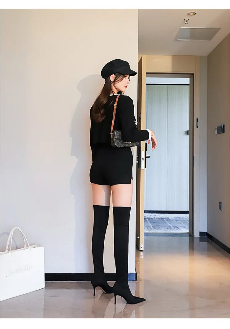 Satin Over-the-Knee Boots - Pointed Toe High Heel Elastic Autumn Winter Boots