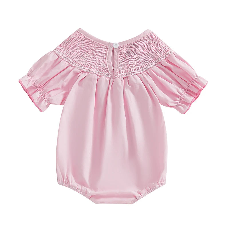 Baby Girls Easter Romper - Ruffled Sleeve Rabbit Embroidery Smocked Jumpsuit