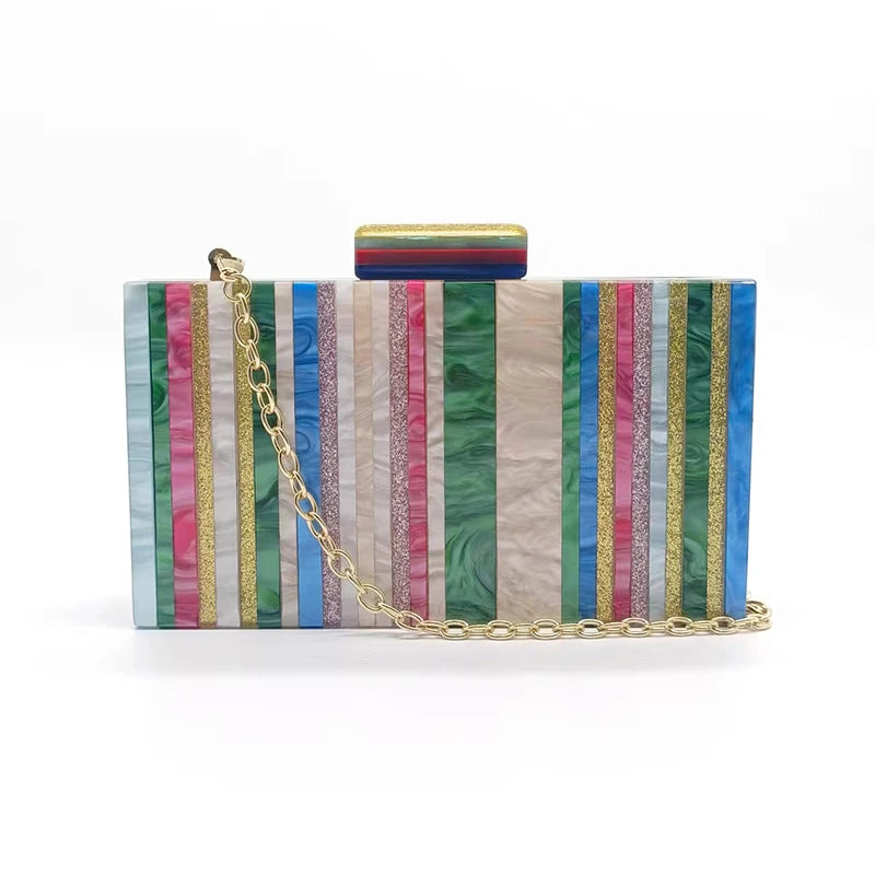 Women's Wallet Acrylic Gold Sequins Handbag - Pearl Striped Patchwork Clutch Purse