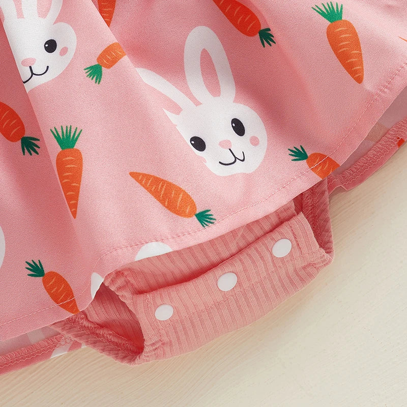 0-18M  Baby Girls Rompers Dress Easter Rabbit Carrot Print Ruffles Fly Sleeve Print Skirt Hem Jumpsuits Headband