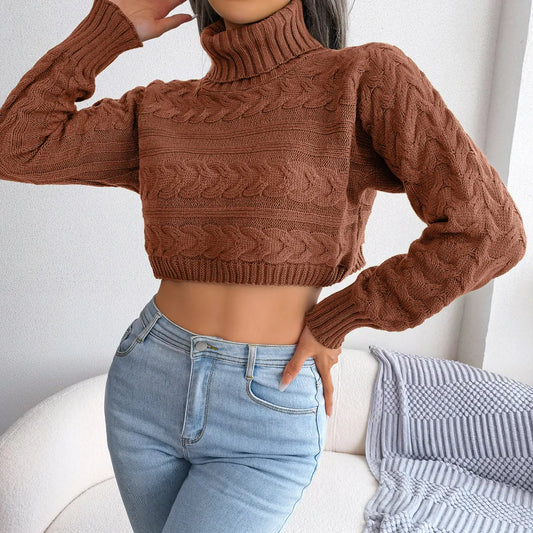 Women's Autumn Winter Casual Twist Long Sleeve Turtleneck Crop Knit Sweater