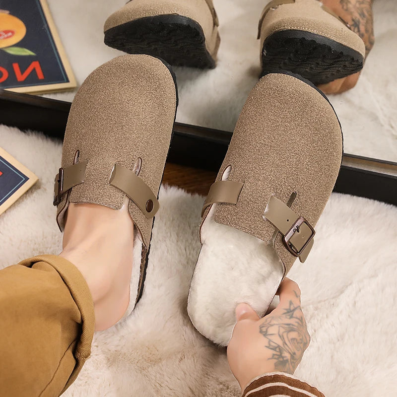 Winter Plush Slippers - Men's Warm Closed Toe Buckle Design Clogs