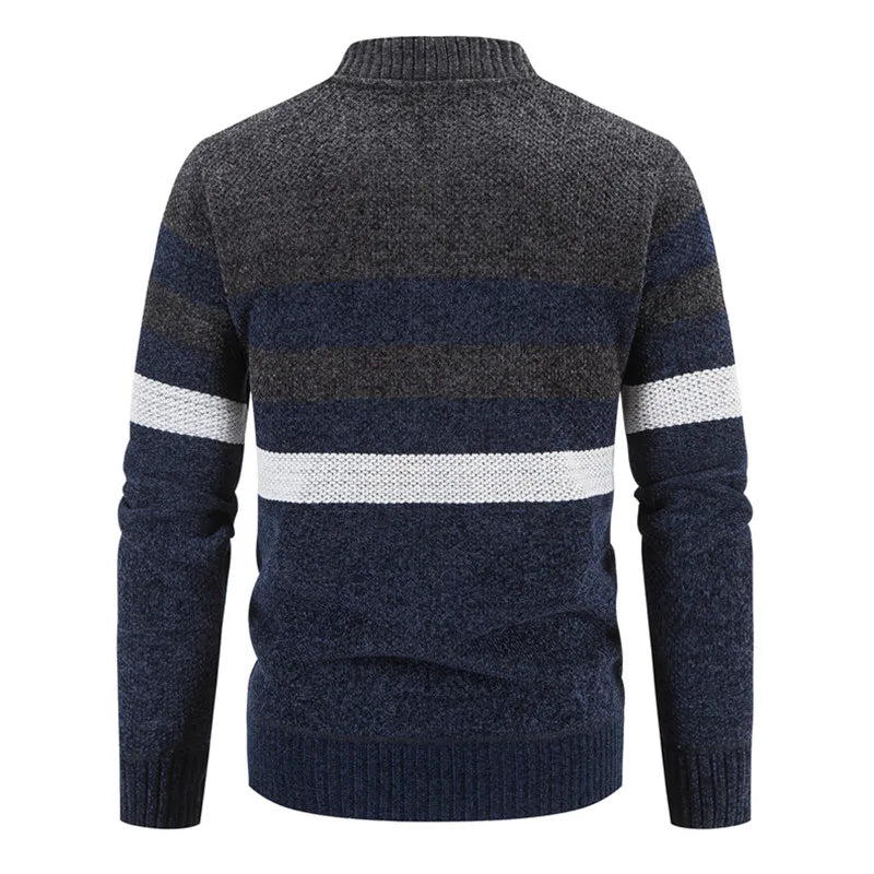 Men's Slim Fit Striped Cardigan - Stand Collar Knitted Sweater Coat
