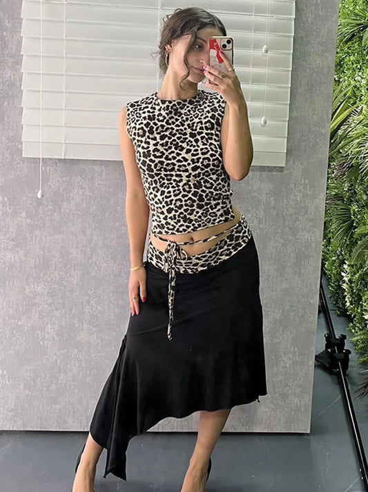 Women's Double Wear Skirt - Leopard Print Lace Up Sleeveless Vest Irregular Splice Skirt Two Pieces Set