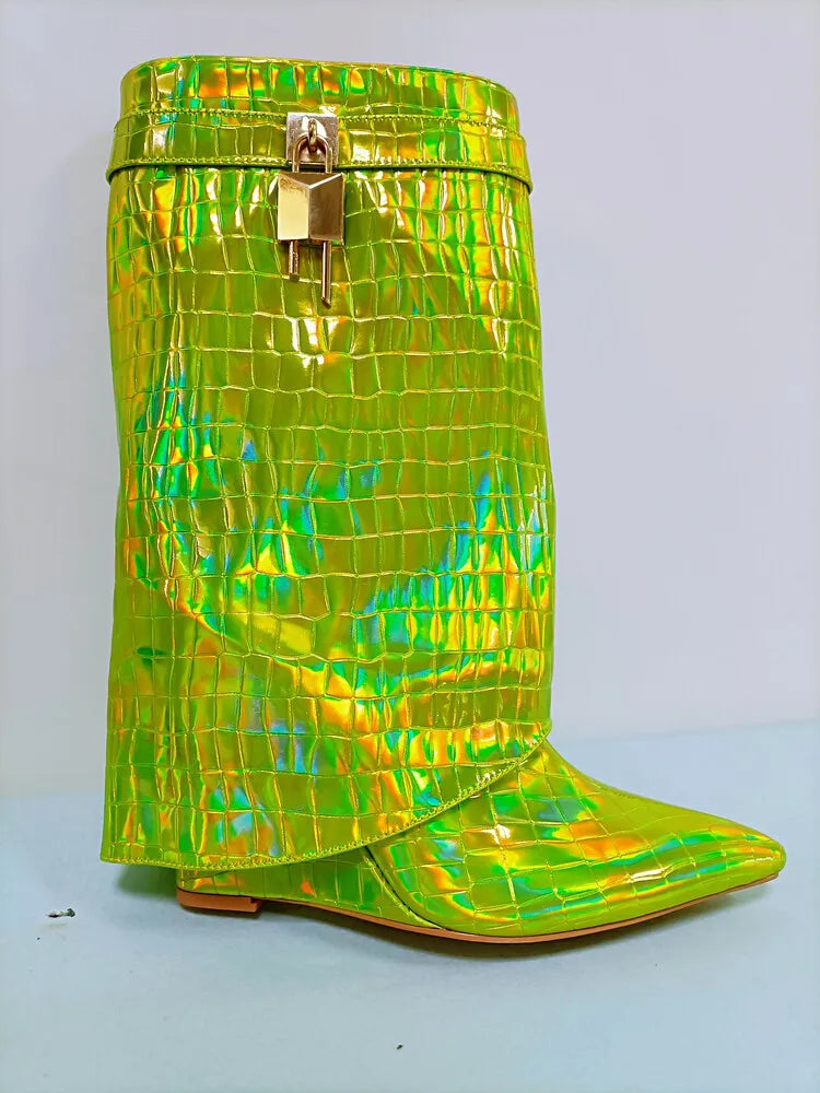 Women's Wedge Leather Mid-Calf Boots - 10cm Heel Metal Buckle Boots