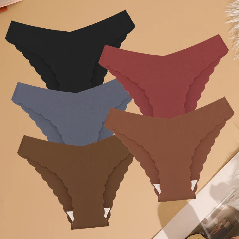 Women's 5Pcs Ice Silk Ruffles Underwear V Waist Panties Seamless Low-Waist Briefs  Comfortable Lingerie