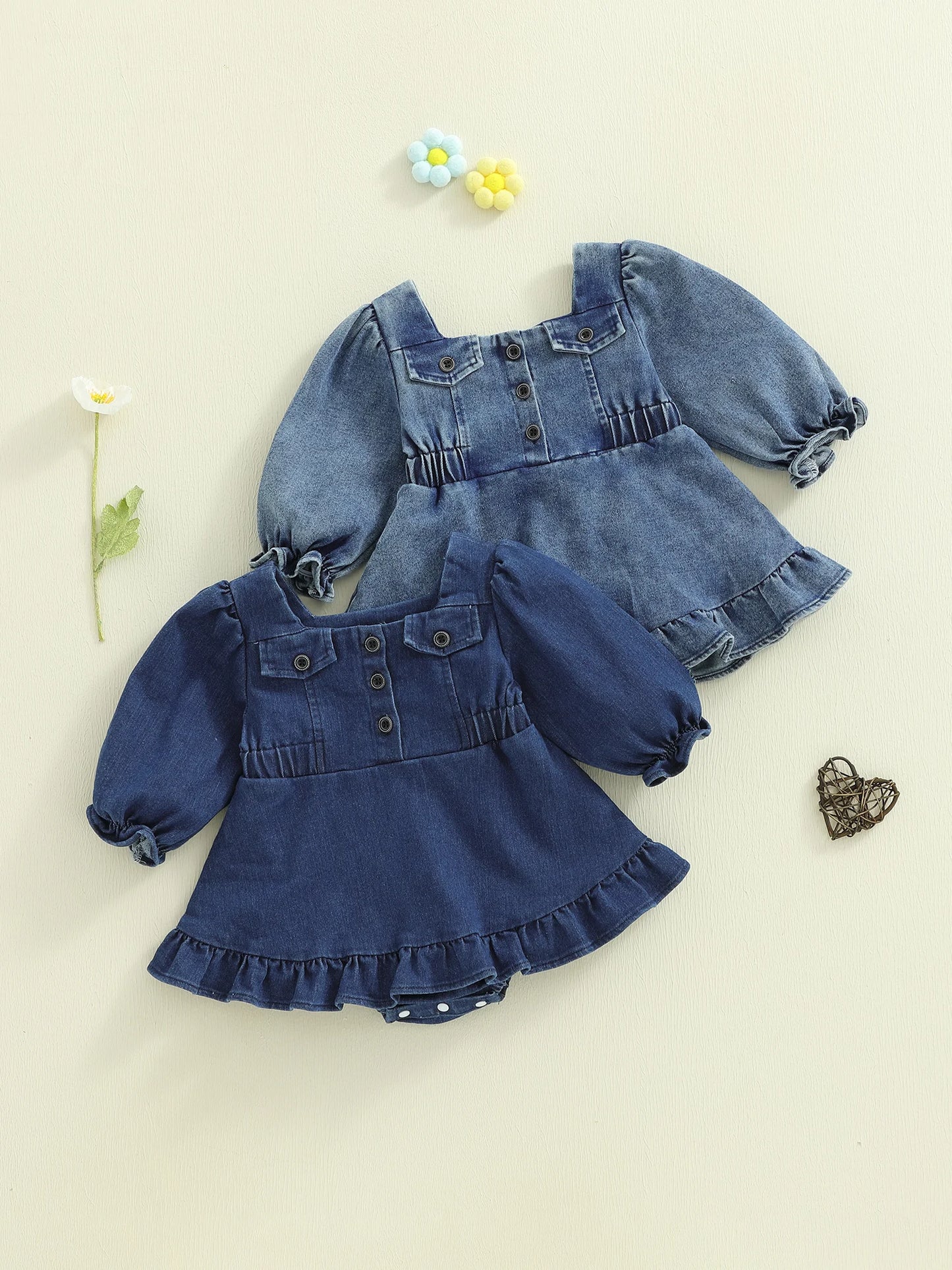 Baby Girls Denim Romper Dress - Square Neck Lantern Long Sleeve Bodysuit (0-24M)