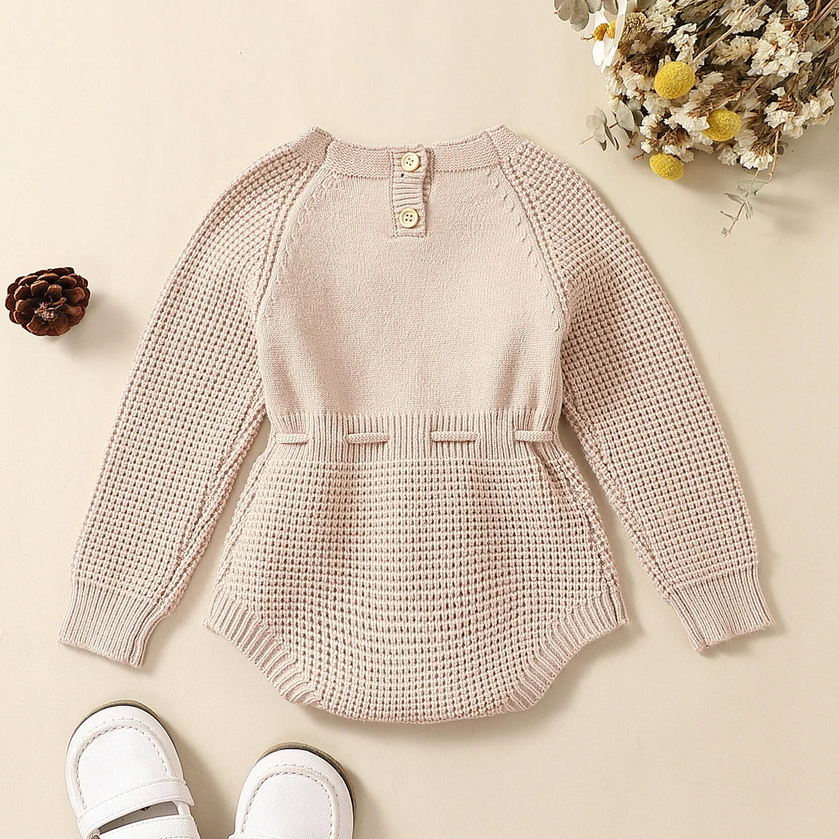 0-24M Baby Girl's Romper Knitted Long Sleeve Flowers Embroidery Elastic Button Jumpsuit