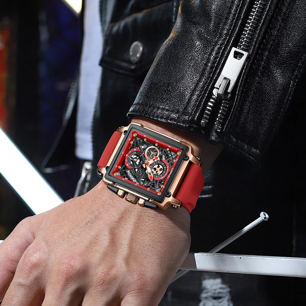 Men's Sports Watch - Large Dial Rectangular Design with Chronograph & Auto Date