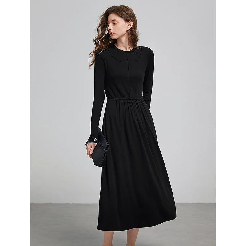 Women's Splicing Fake Two Piece Slim Waist Long Sleeve Knee Length  Bottom Dress