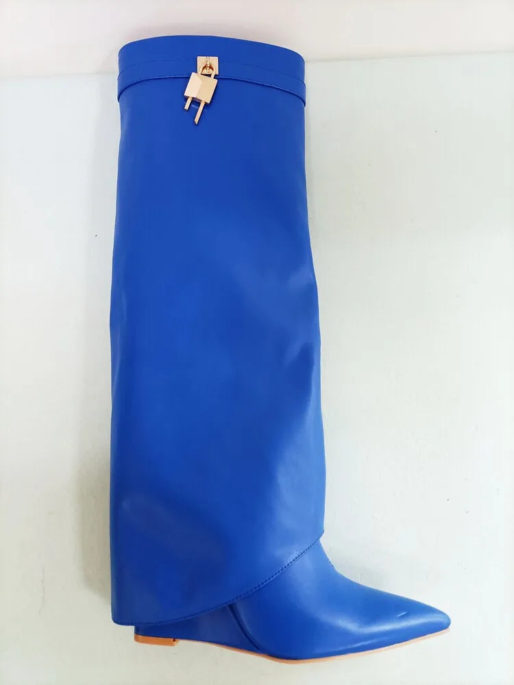 Women's Wedge Leather Mid-Calf Boots - 10cm Heel Metal Buckle Boots