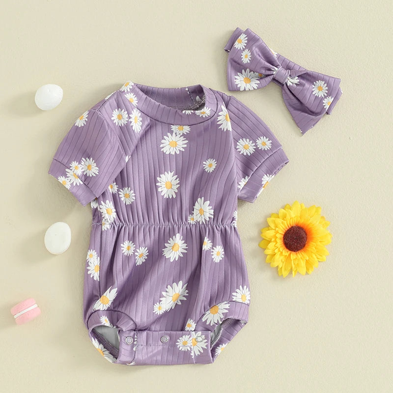 0-18M 2pcs Baby Romper Short Sleeve Sunflowers Print Elastic Waist Jumpsuits with Hairband