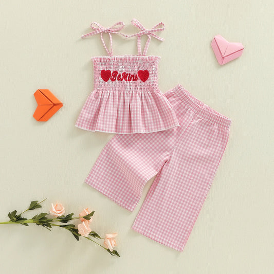 Girls Valentine's Day Outfit Set - Heart Embroidery Cami Top & Plaid Pants
