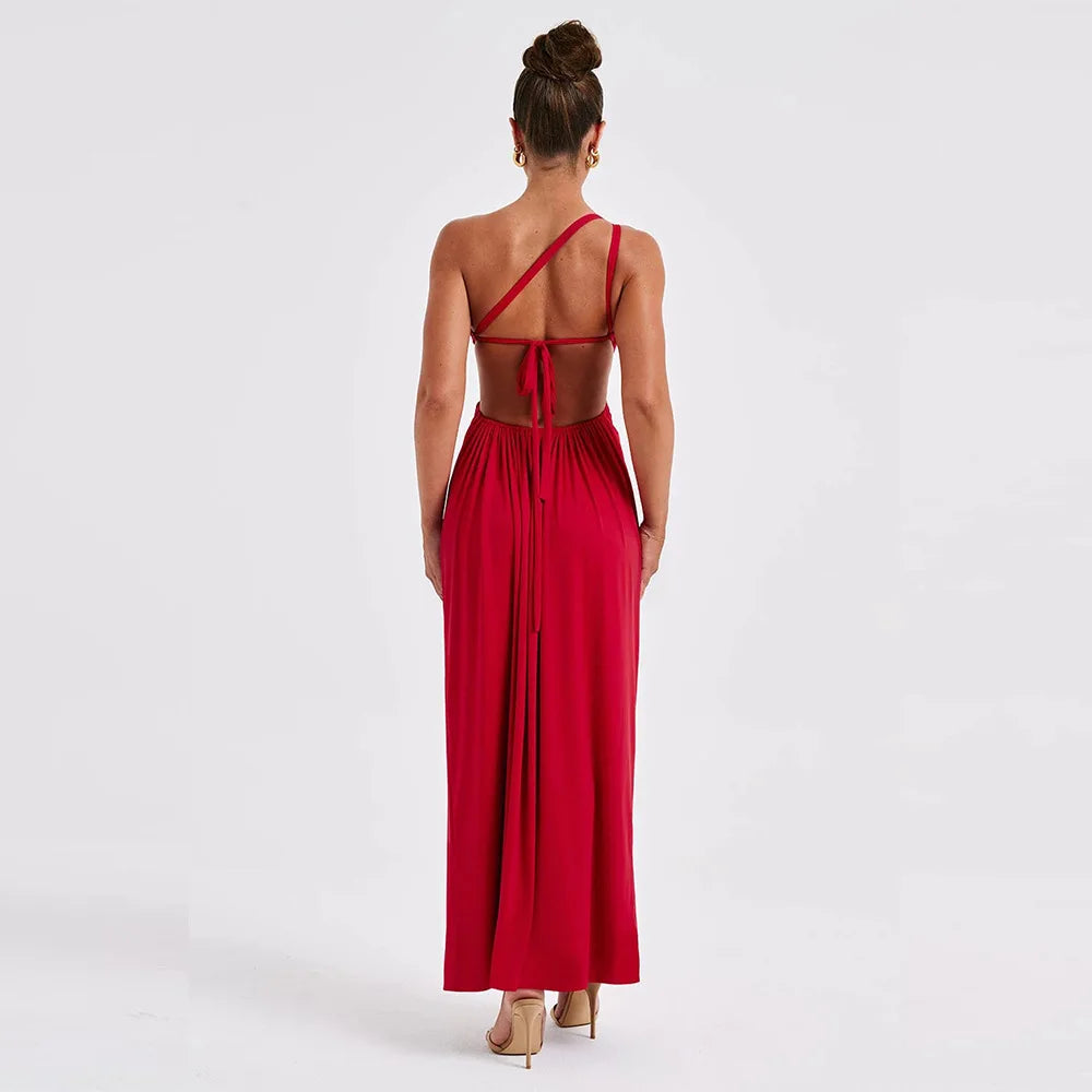 One Shoulder Split Maxi Dress - Women Backless Tie Detail Dress