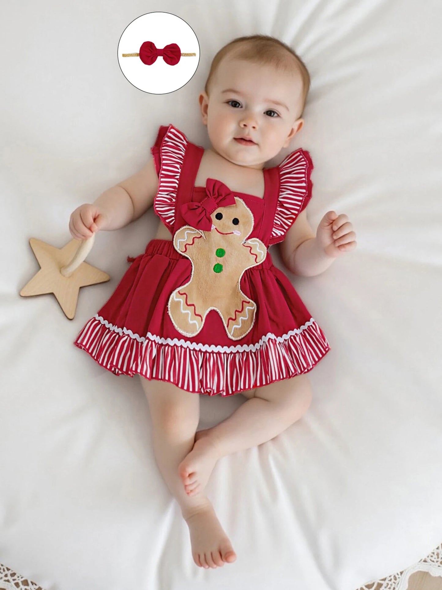 Baby Girls Christmas Romper Dress - Gingerbread Man Flying Sleeve Jumpsuit with Bow Headband (0-18M)