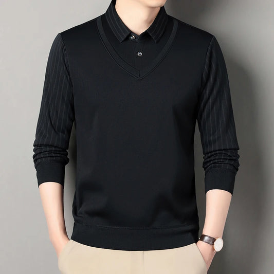 Fake Two Piece Knitted Sweater - Shirt Collar Smart Casual Fleece