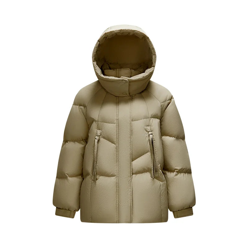 Mid-Length Loose Fit Hooded Down Jacket - Women's Textured Winter Coat