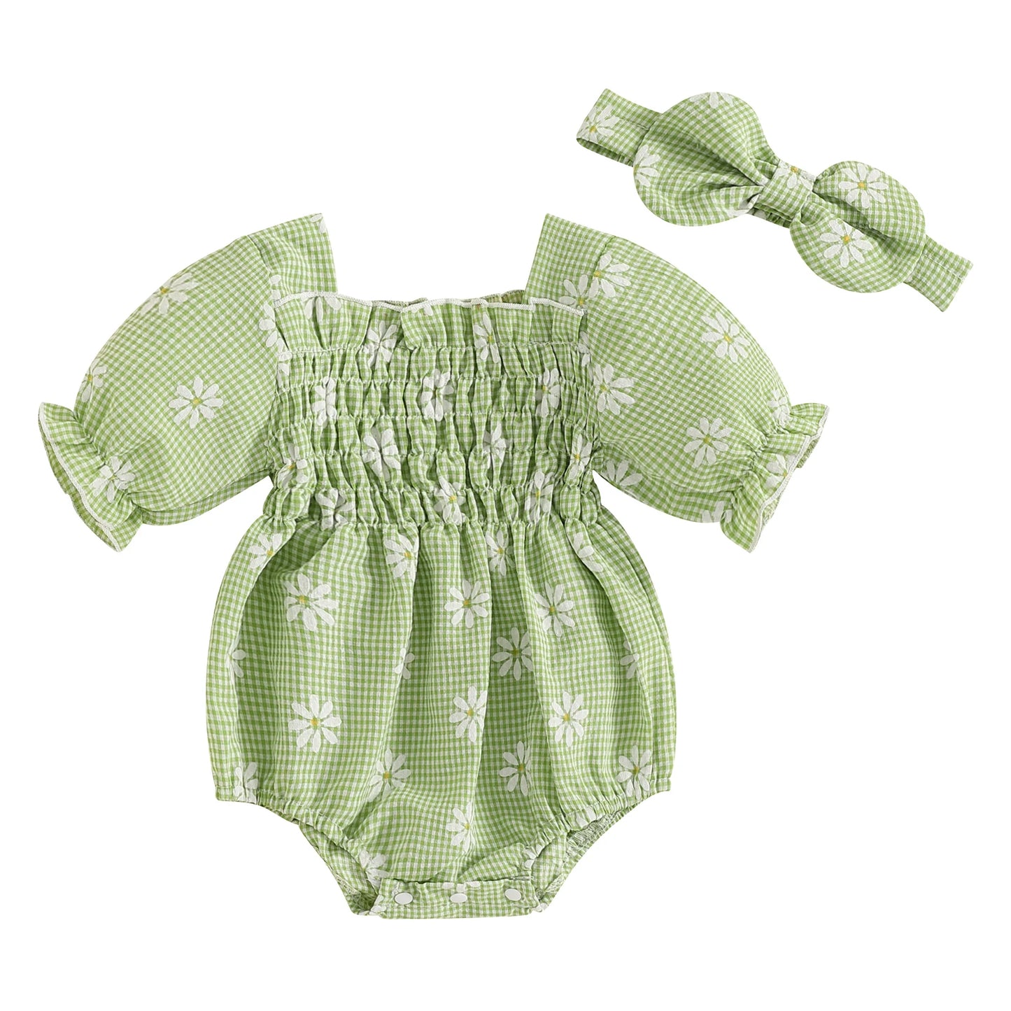 Baby Girls Romper Set with Headband - Plaid Flower Print Short Sleeve Bodysuit 2-Piece