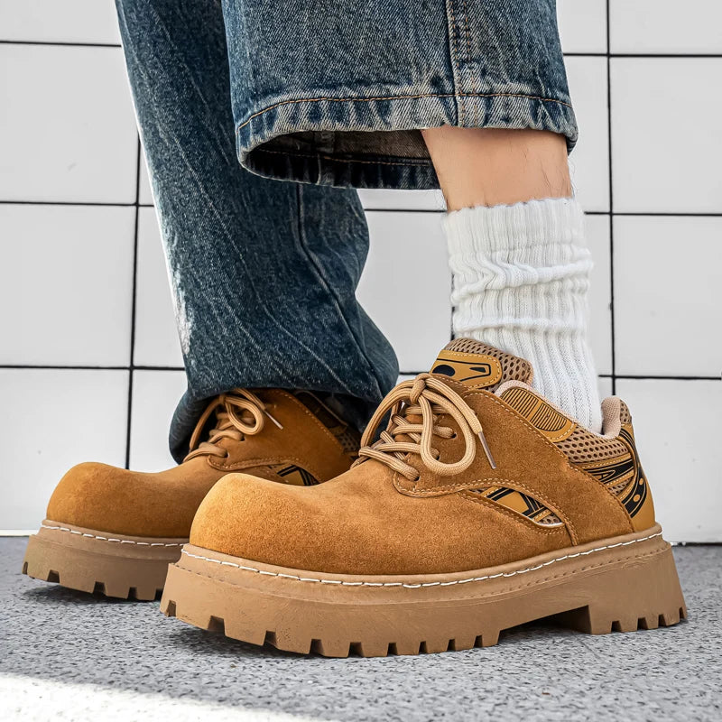 Men's Platform Suede Sneakers - Lace-Up Casual Outdoor Shoes
