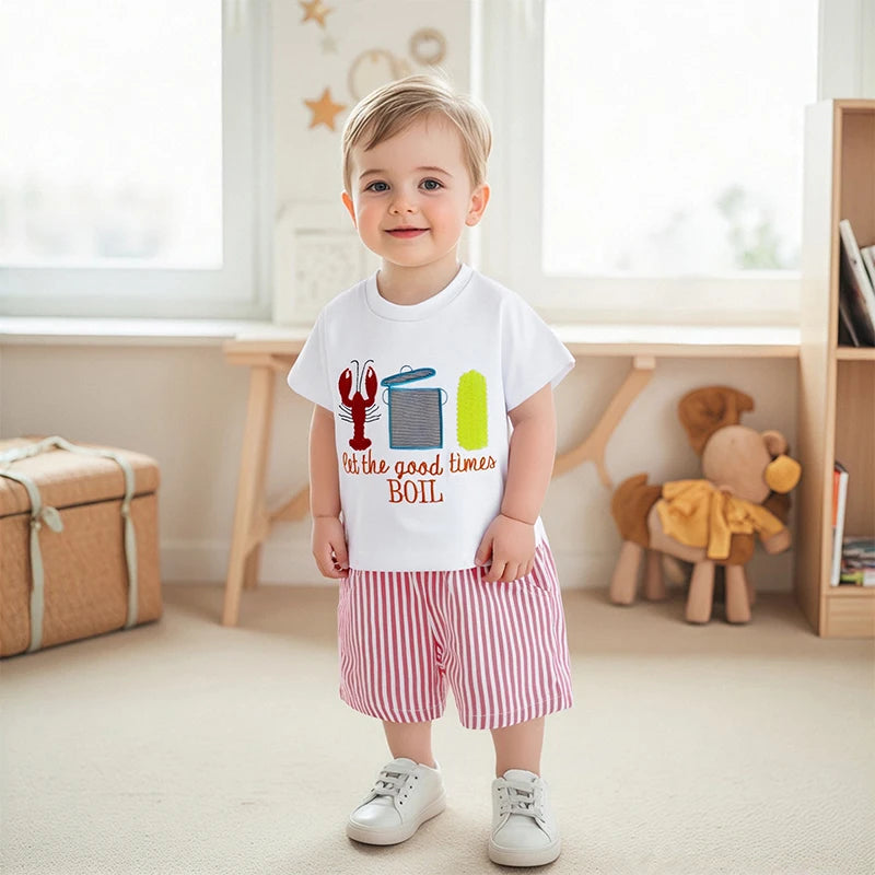 0-7Y Casual Kids Boys Summer Clothes Sets 2pcs Short Sleeve O Neck Lobster Letter Print T Shirts and Striped Shorts