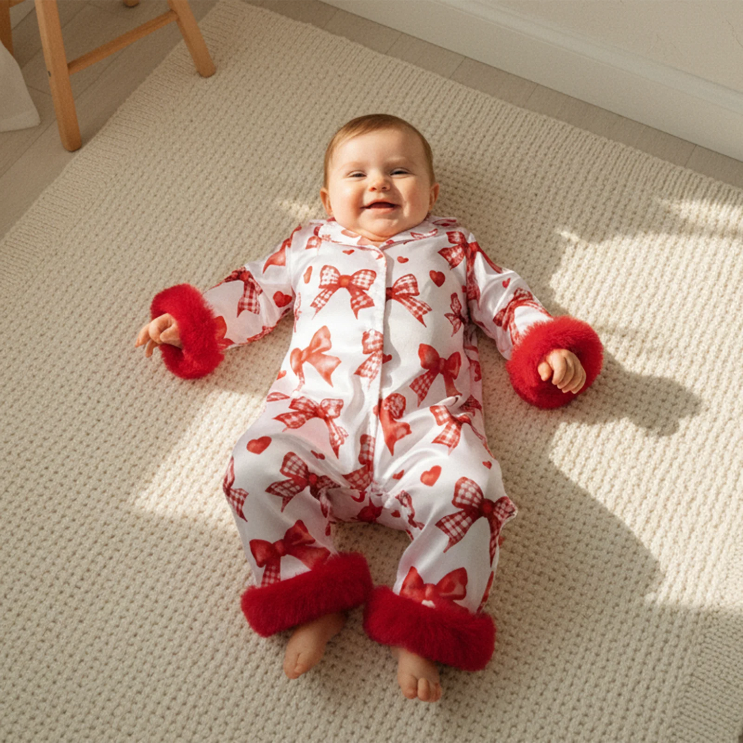 Baby Girls Romper - Heart Print Lapel Collar Jumpsuit with Fur Cuffs