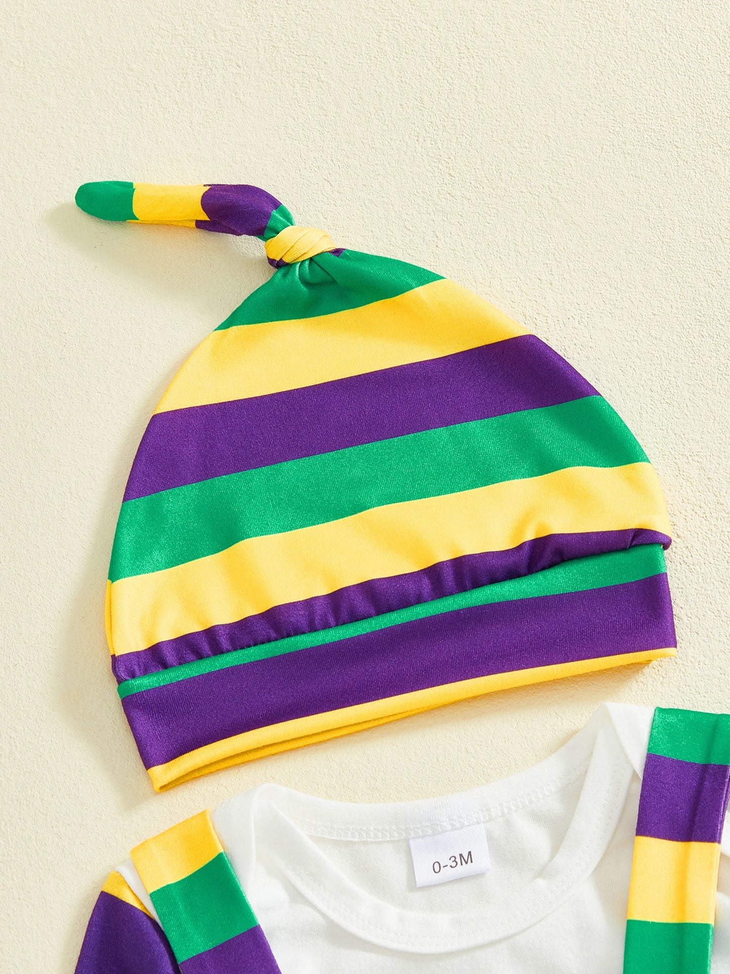 Newborn Baby Boys Outfit Set - Letter Print Striped Romper with Suspender Pants & Cap 0-12M