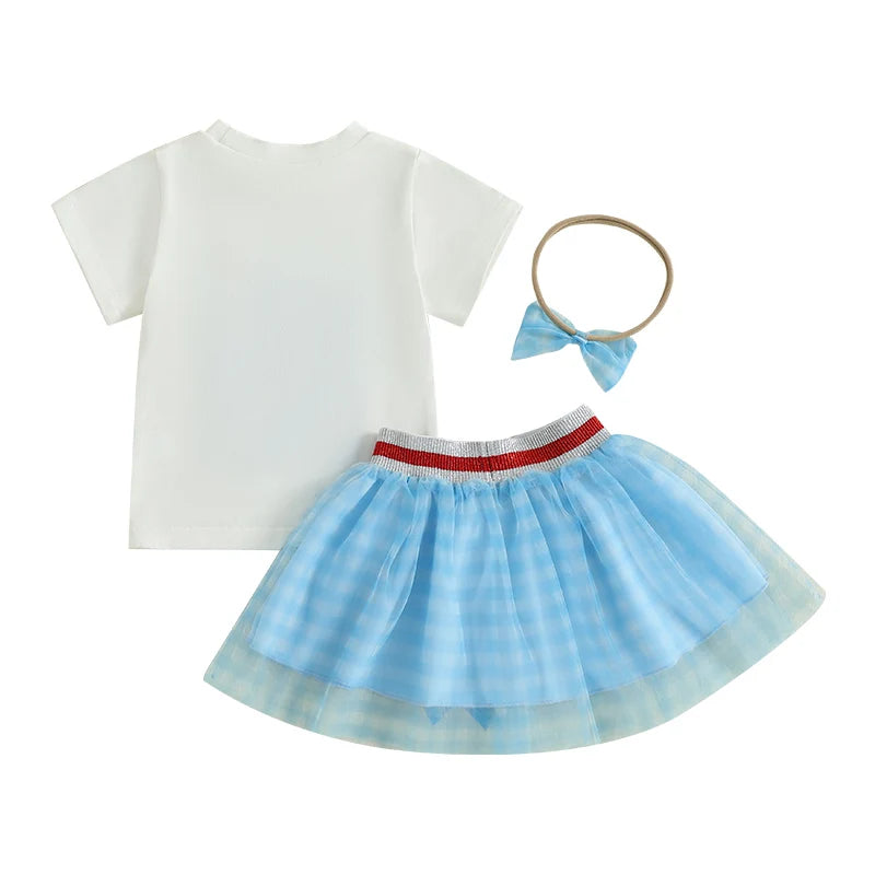 0-6Y Kids Girls American Flag Clothes Sets Bow Embroidery Short Sleeve T Shirt Mesh Lace Skirt Headband