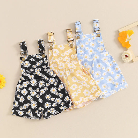 0-6Y Summer Little Girls Overall Shorts Casual Sunflowers Print Sleeveless Strap Button Pocket Jumpsuit