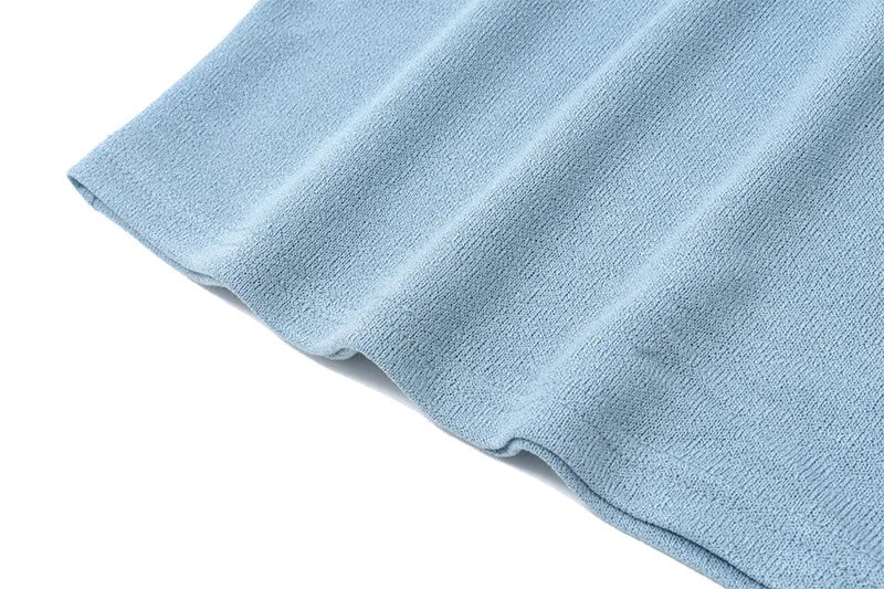 Women's Autumn Long Sleeve Asymmetrical Knit Top - Blue Cropped Slim Fit
