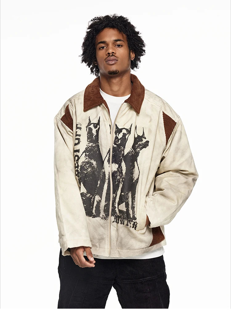 Men's Dog Head Graffiti Print Lapel Jacket Distressed Winter Jacket