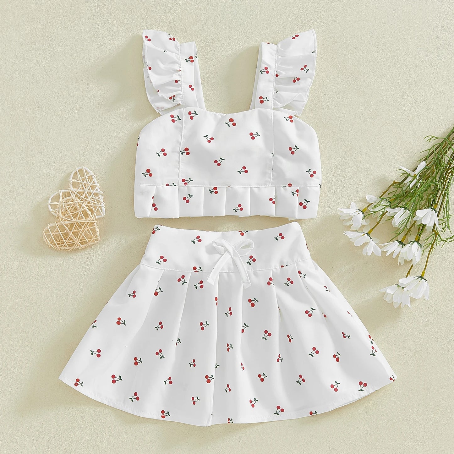 0-4Y  Kids Girl's Summer Clothes Set Fruit Print Flutter Sleeve Tank Top with Bow A Line Skirt