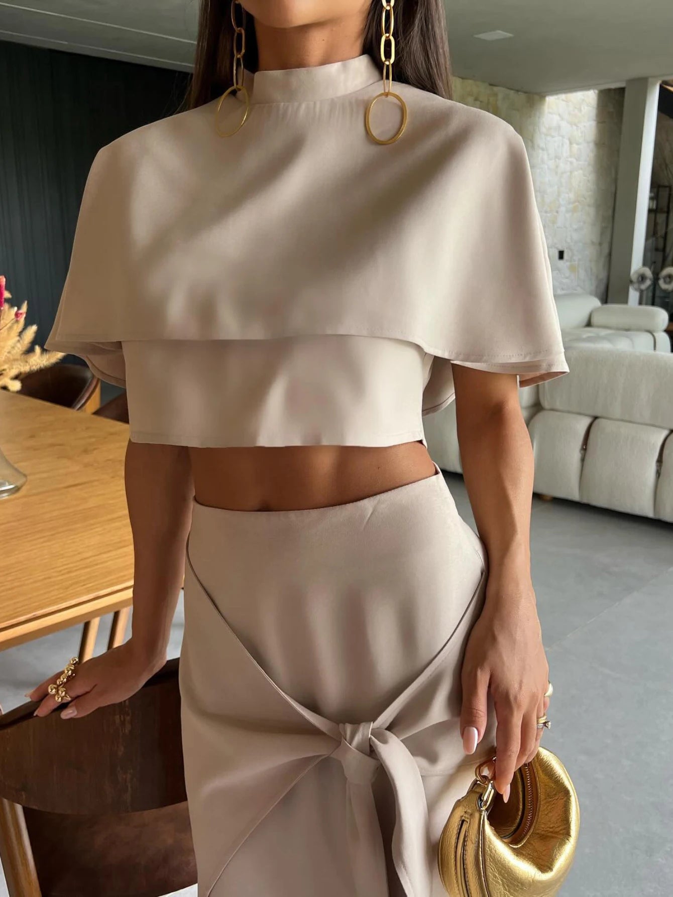 Women Two-piece Short Sleeve  Waist Chic Slit Skirt