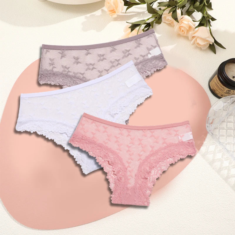Women's Lace Underwear 3-Piece Set - Floral Hollow Out Briefs
